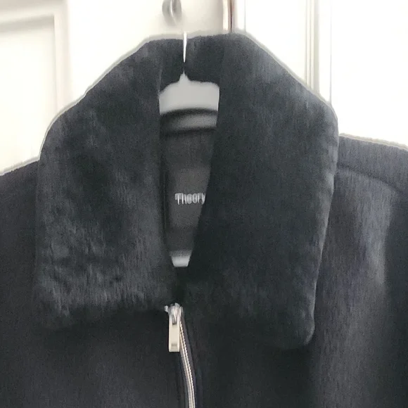 Thoery Mens Black Wool Bomber With Shearling Collar - Picture 2 of 2